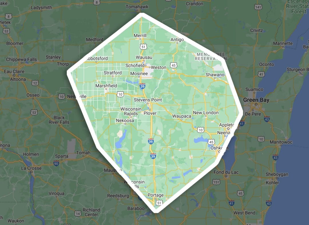 Vanguard Roofing & Siding service area map Green Bay, WI